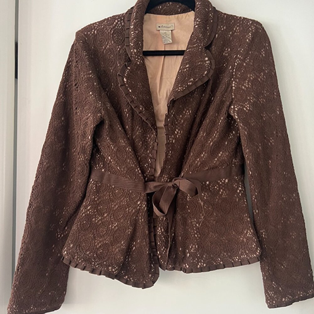 Anthropologie  - Brown & Pink - Elevenses Lace Jacket With Ribbon Tie - Size 10